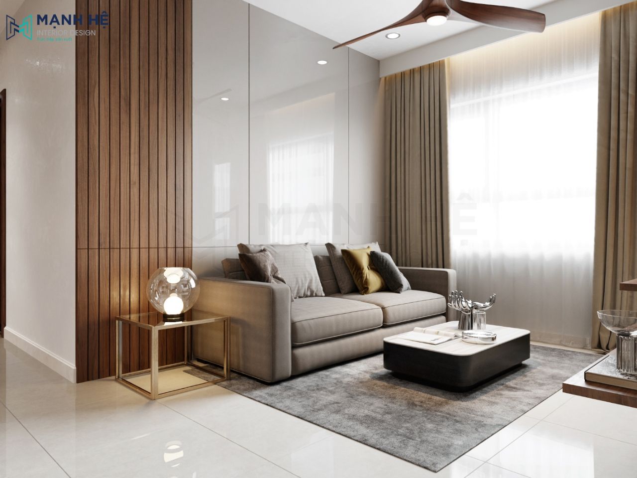 Phòng khách căn hộ nhỏ 65m2 sử dụng chất liệu gỗ công nghiệp phủ Acrylic kết hợp Melamine