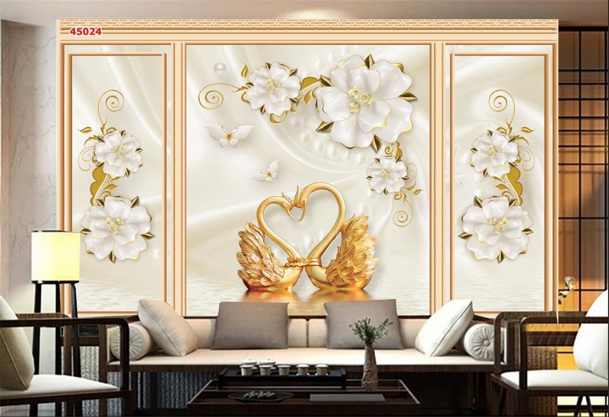 Mẫu 4: Tranh dán tường phòng khách họa tiết bông hoa trắng kết hợp thiên nga