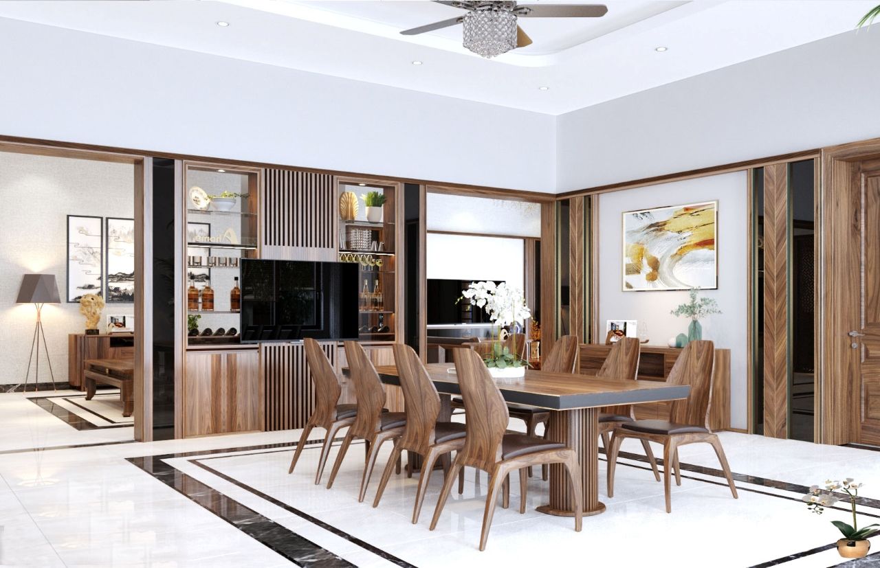 Bộ bàn ăn 8 ghế cao cấp làm bằng gỗ tự nhiên, khiến không gian nhà bạn càng thêm ấn tượng