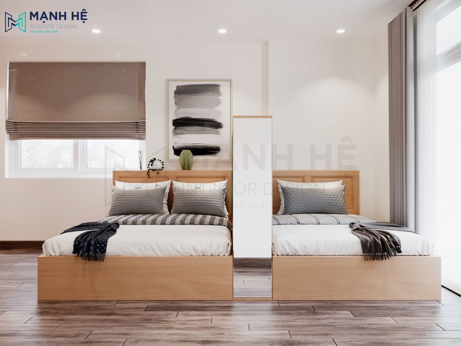 Thiết kế giường ngủ gỗ công nghiệp kết hợp tủ quần áo và tủ sách