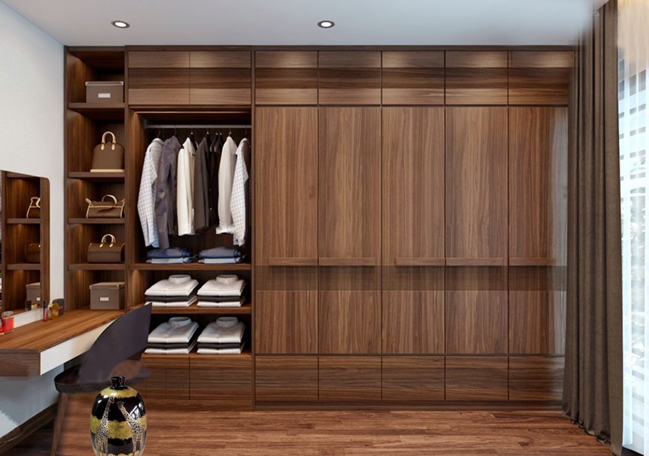 Tủ quần áo gỗ tự nhiên tích hợp kệ để túi xách nhỏ bên hông thiết kế hiện đại