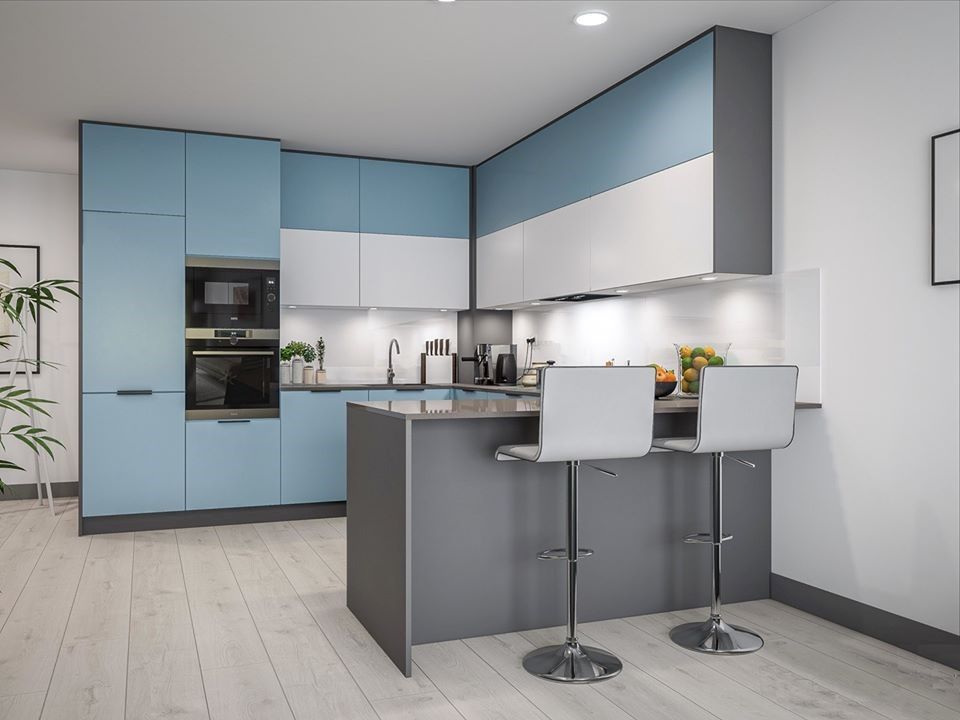 Tủ bếp chữ L tone xanh nền nã kết hợp lò vi sóng, lò nướng âm tường tiết kiệm không gian