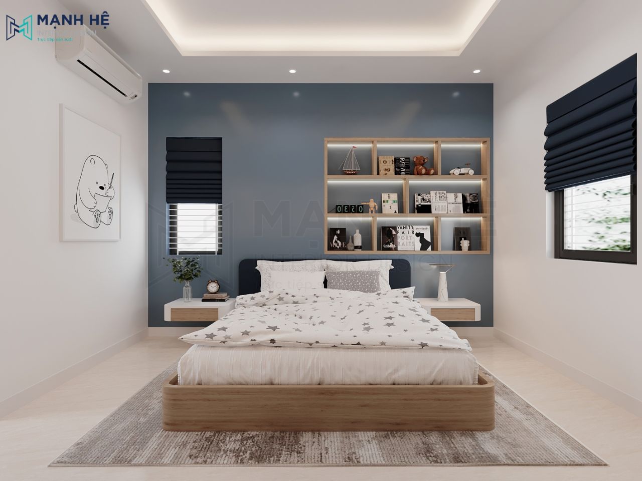 Giường ngủ lớn kết hợp kệ sách và trang trí treo tường đầu giường dễ dàng trang trí theo sở thích riêng