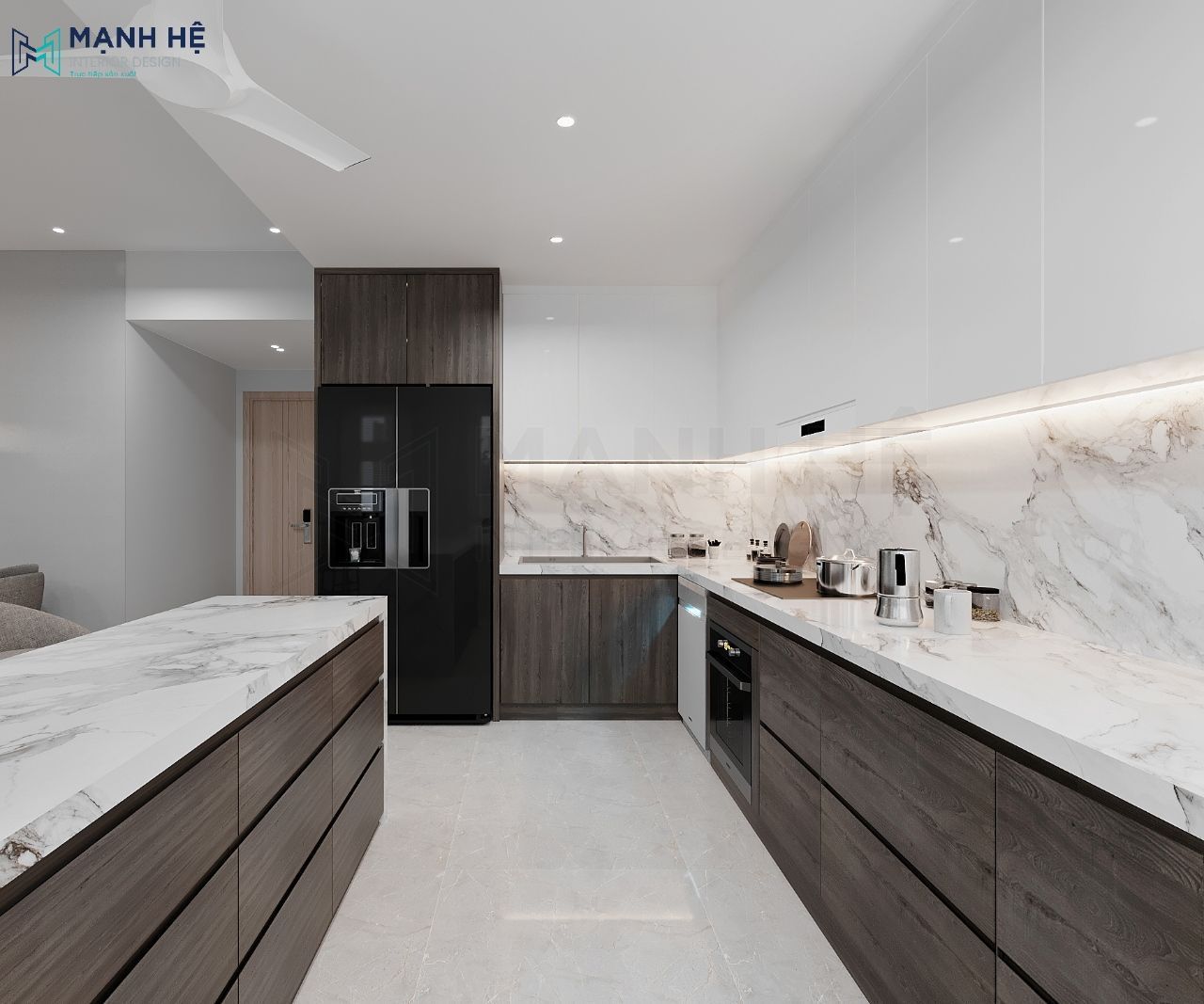 Mẫu phòng bếp tông trắng được thiết kế hệ tủ cao đụng trần phủ acrylic sáng bóng và tủ dưới phủ medanin nhám tạo sự sang trọng, sạch sẽ