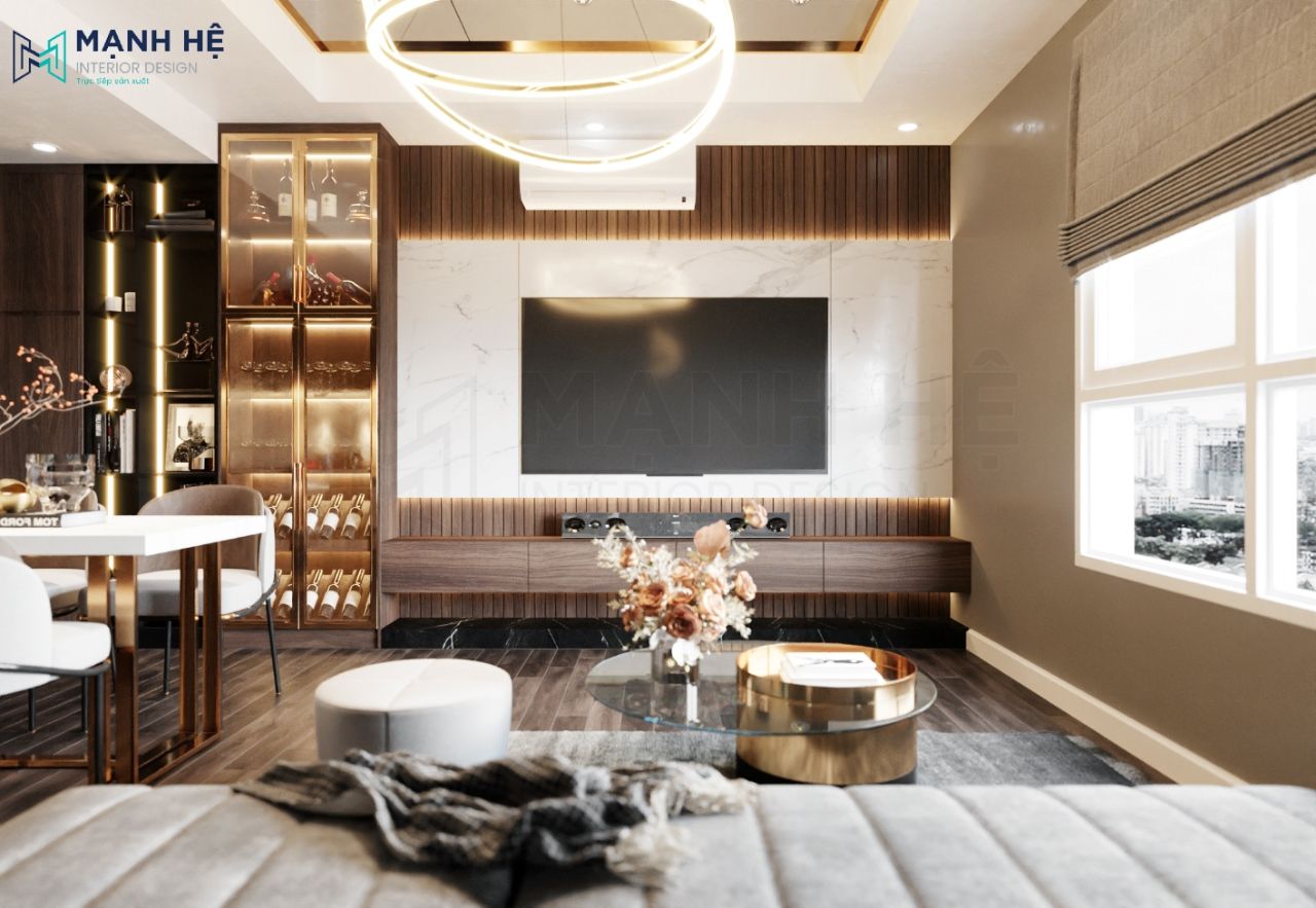 Phối màu sắc kệ tivi thống nhất với phong cách thiết kế nội thất căn hộ