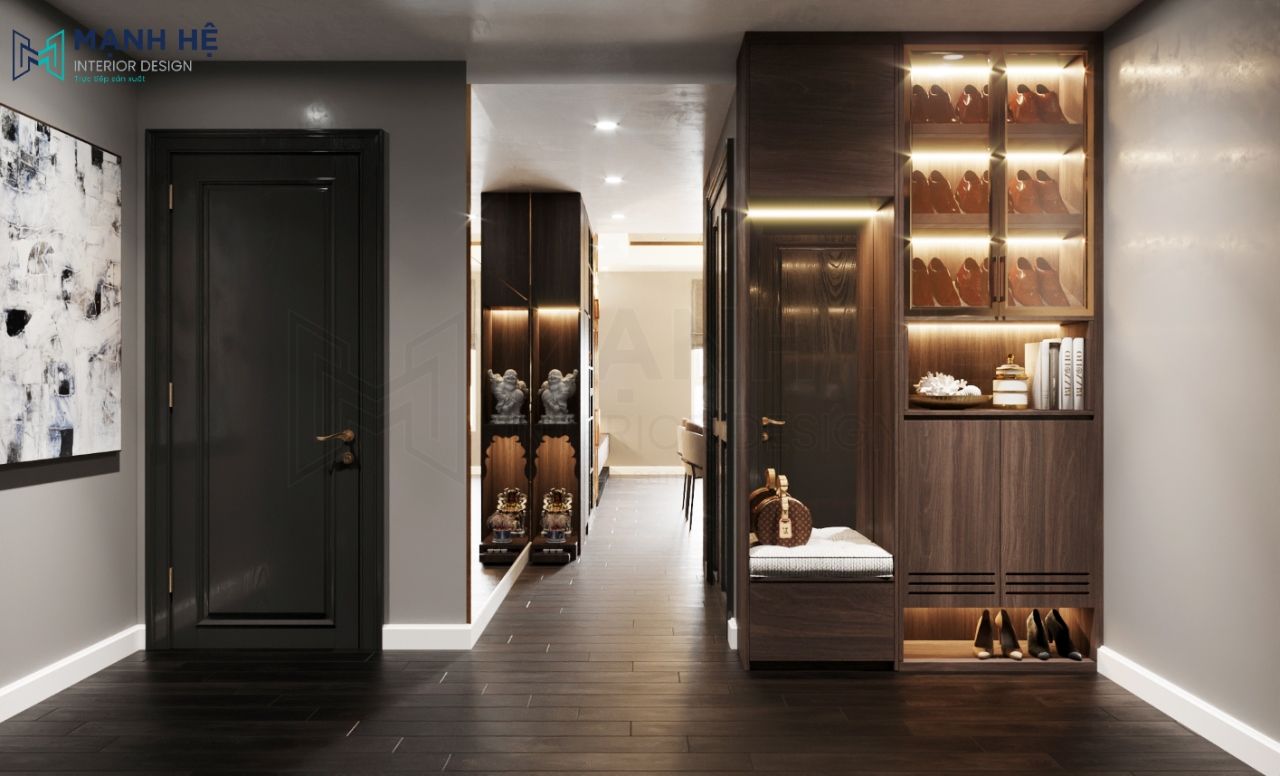 Thiết kế tủ giày cánh kính cùng tone với nhà, cao đụng trần tối ưu không gian lưu trữ