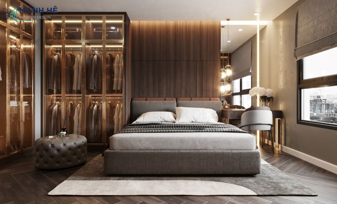 Gam màu nâu của gỗ kết hợp ánh sáng đèn led tạo nên sự sang trọng của căn phòng