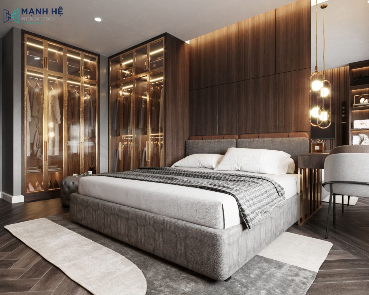 Giường ngủ lơn kết hợp với thảm trải sàn bằng nhung tạo thành khối với tone xám vô cùng sang trọng