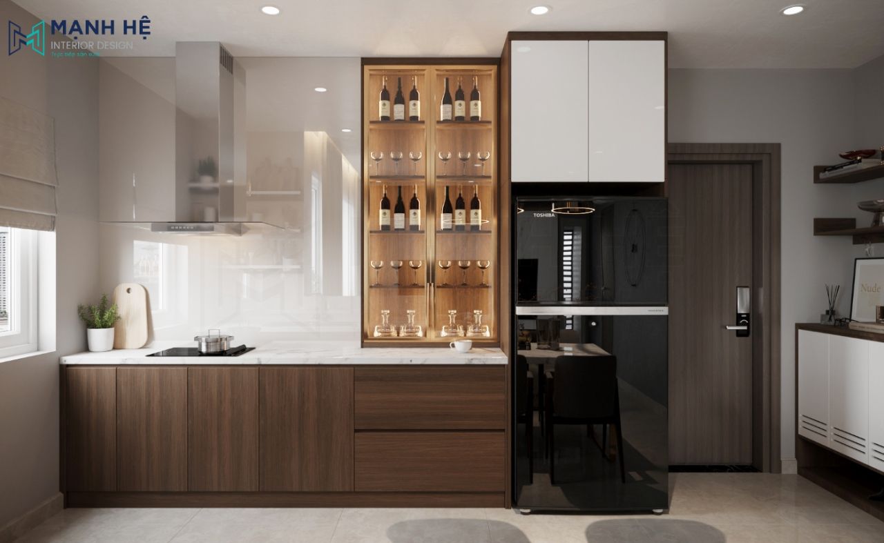 Tủ bếp bằng gỗ công nghiệp phủ Acrylic bóng gương cho phòng bếp nhỏ sang trọng
