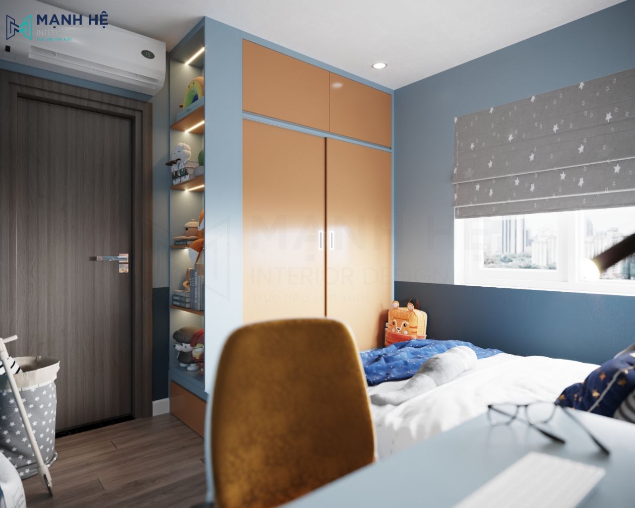 Tủ quần áo đụng trần kết hợp với giường ngủ dạng bục tạo thành 1 khối tối ưu không gian lưu trữ cho gia chủ