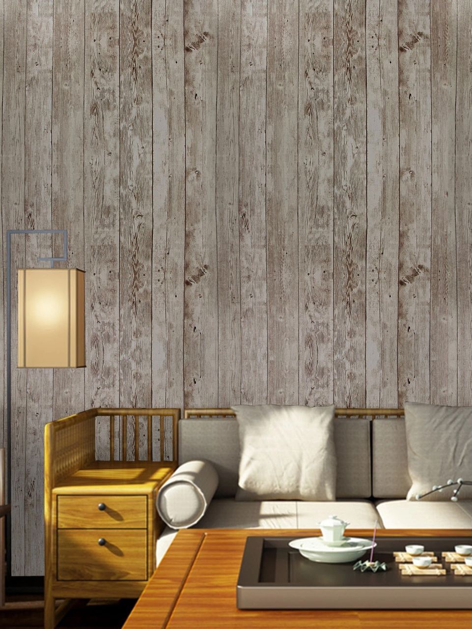 Phòng khách sử dụng giấy dán tường màu xám giả vân và loang gỗ nâu hiện đại
