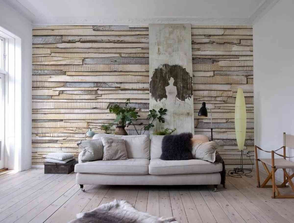 Dán tường giả gỗ mộc mạc, đơn giản nhưng hiện đại, thu hút cho phòng khách