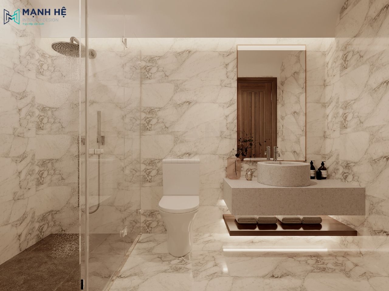 Phòng tắm được thiết kế với phòng tắm đứng ngăn cách với bồn rửa cho căn phòng thêm sạch sẽ và chống trơn trượt cho khách hàng