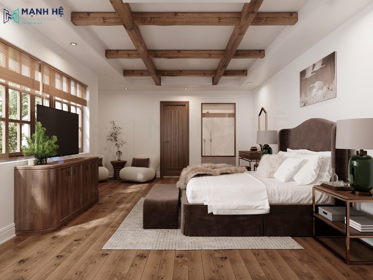 Phòng ngủ đơn được thiết kế tối giản với nội thất màu gỗ trầm đầy đủ tiện nghi
