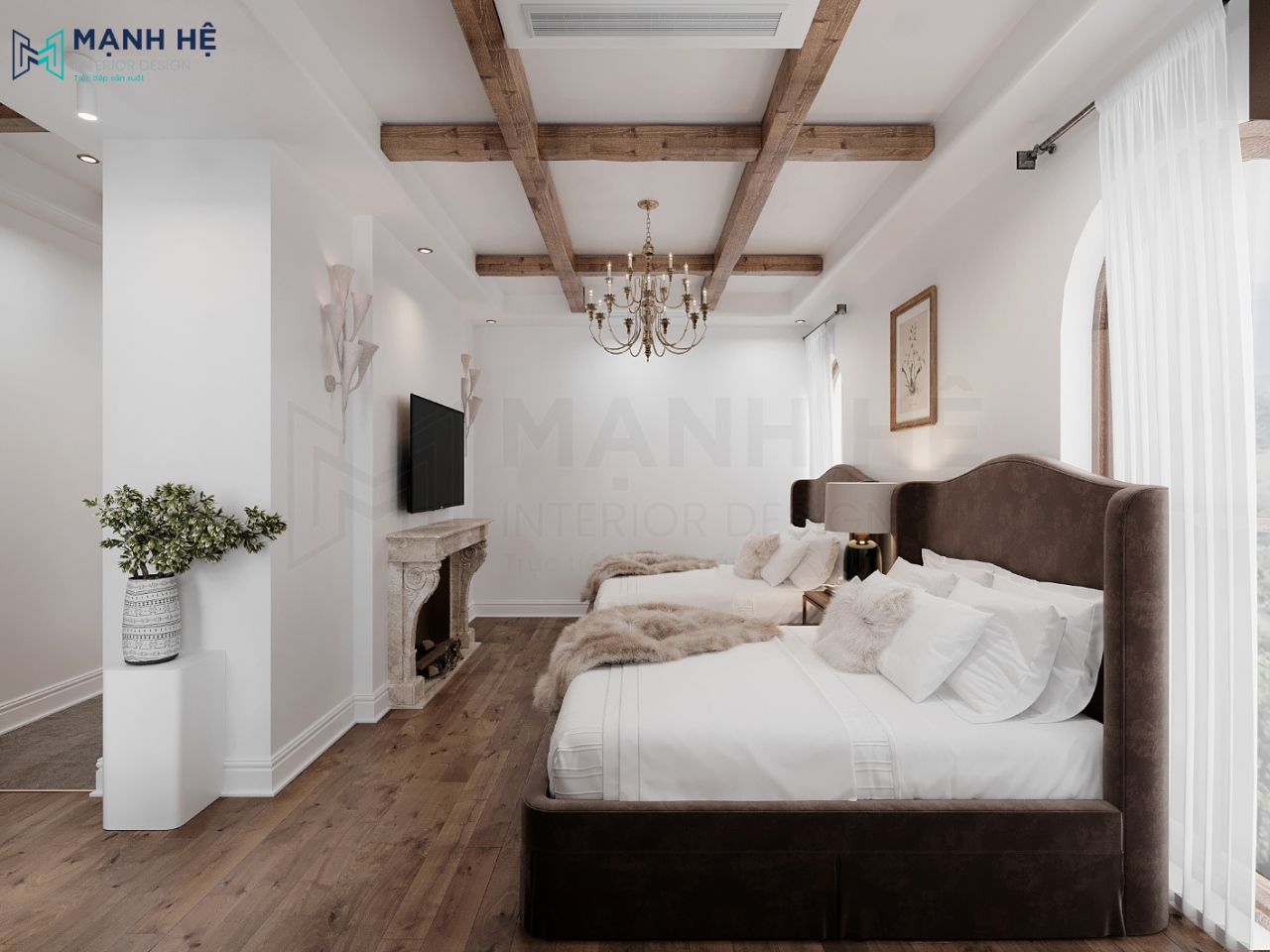 Giường ngủ bọc nhung tone nâu làm cho căn phòng thêm sang trọng và hiện đại