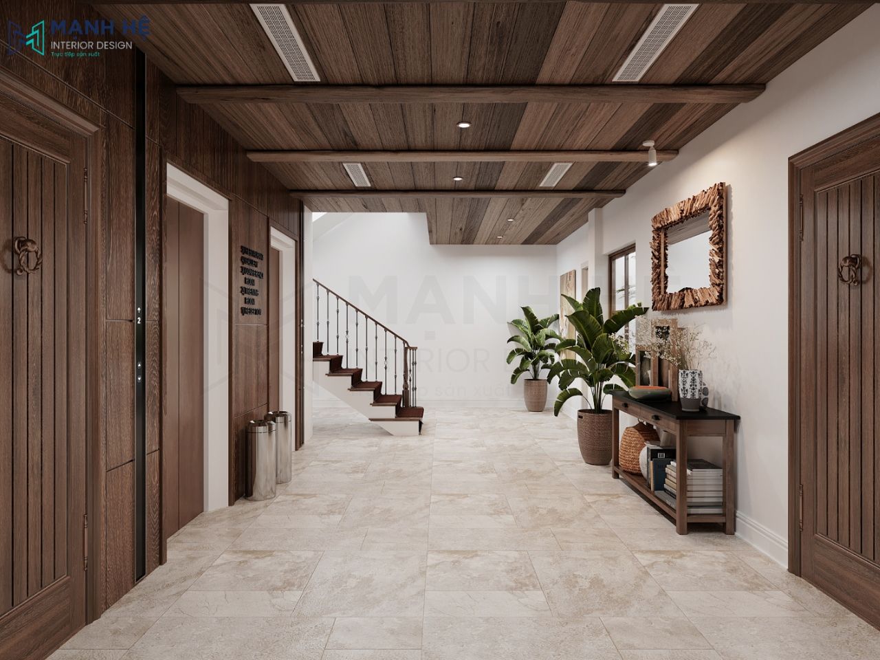 Sảnh tầng lầu thiết kế với nội thất gỗ toàn bộ kết hợp cây xanh tăng thêm phần sinh động