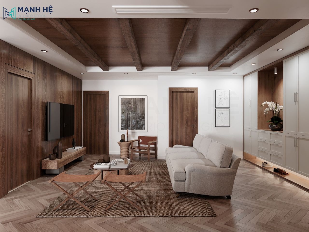 Nội thất phòng khách thiết kế đơn giản nhưng hiện đại với tone màu gỗ trầm