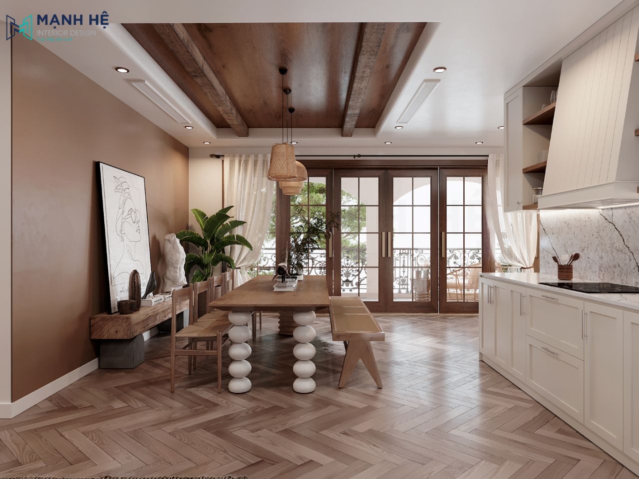 Vách tường tivi và trần nhà phòng khách liền bếp ốp gỗ công nghiệp tăng vẻ đẹp sang trọng cho tổng thể căn hộ
