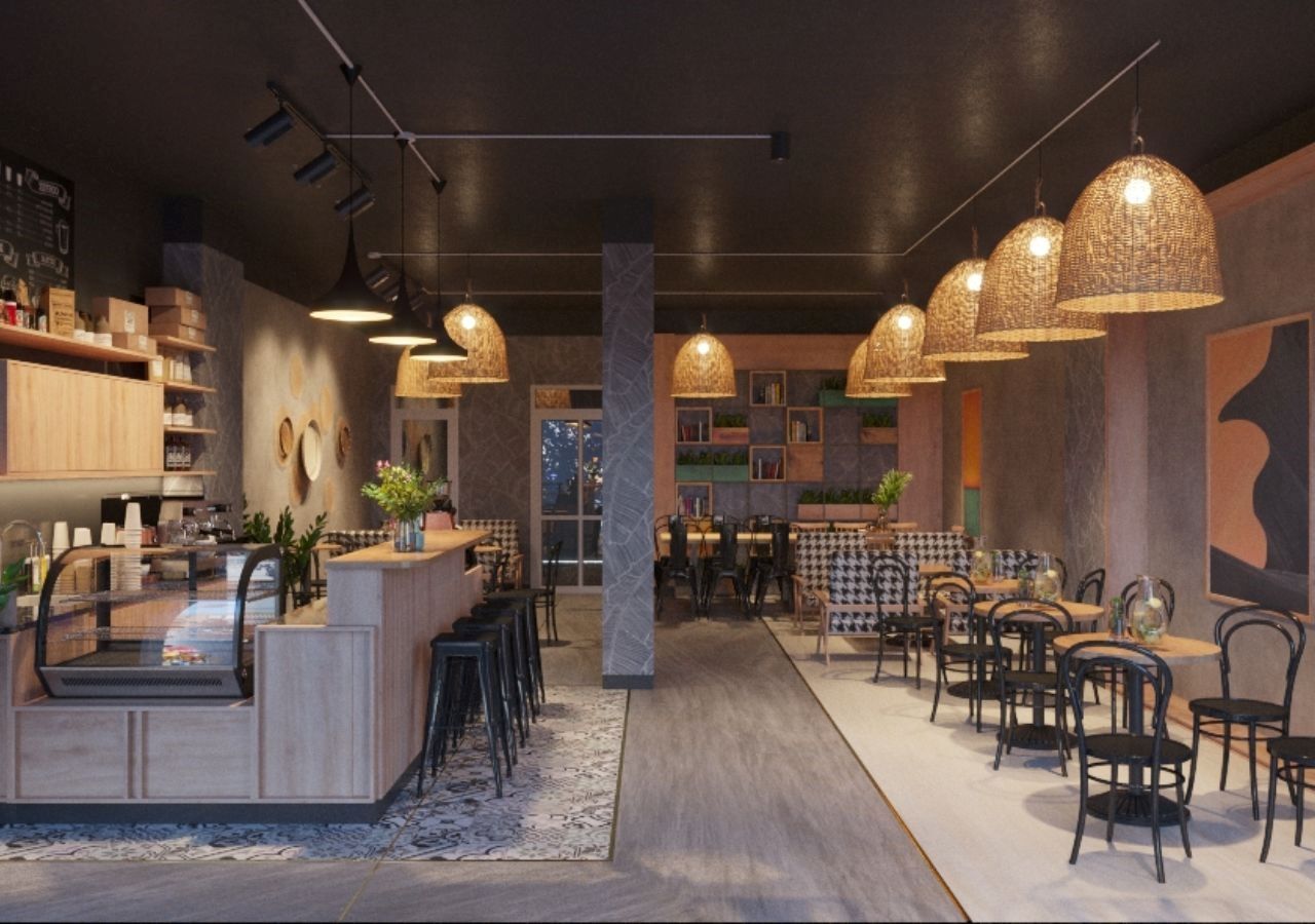 Ý tưởng 1: Trang trí quán cafe phong cách tối giản với đèn chụp tạo ánh sáng mờ mờ