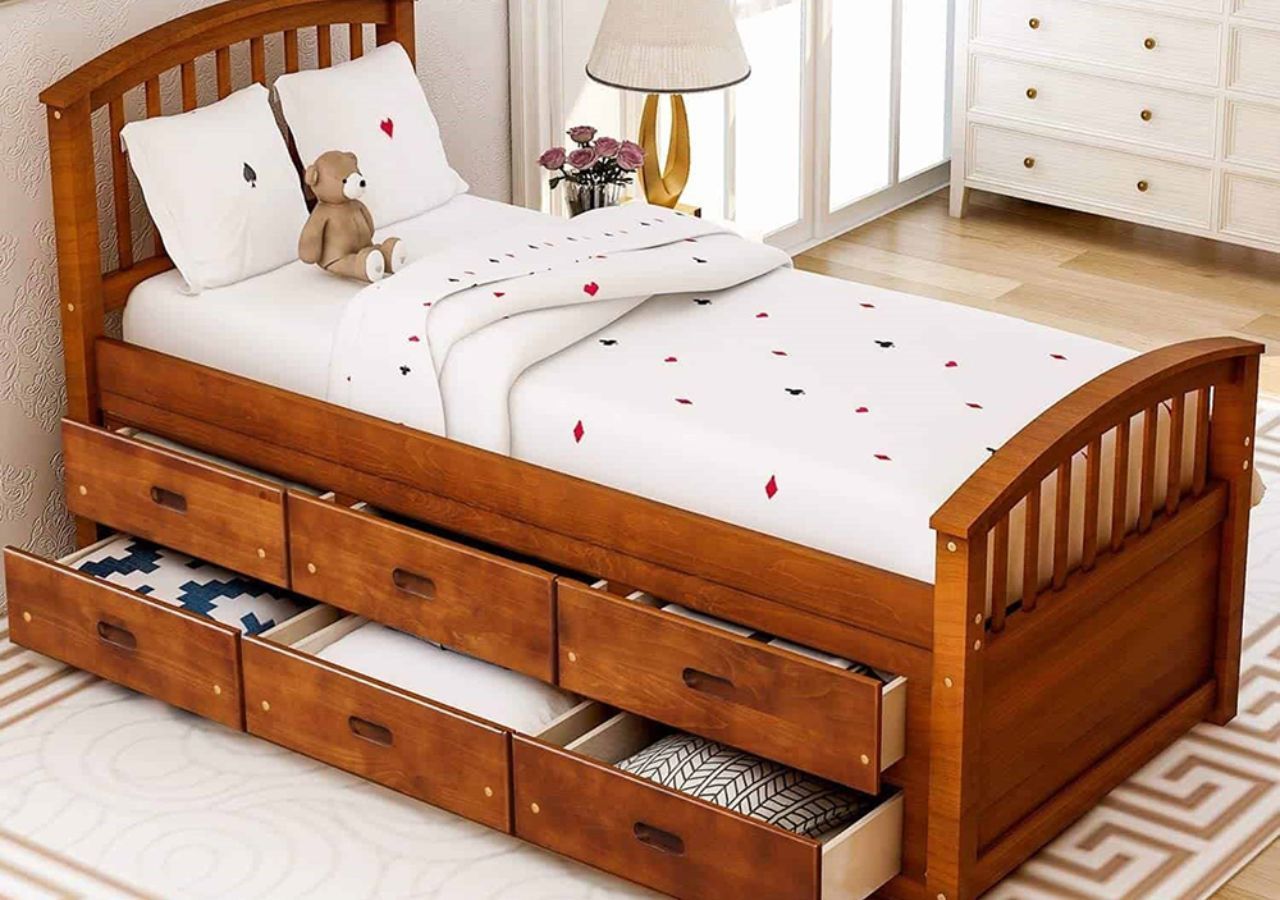 Giường gỗ xoan đào 1m2 có 2 tầng ngăn kéo đựng đồ chơi cho phòng ngủ các con