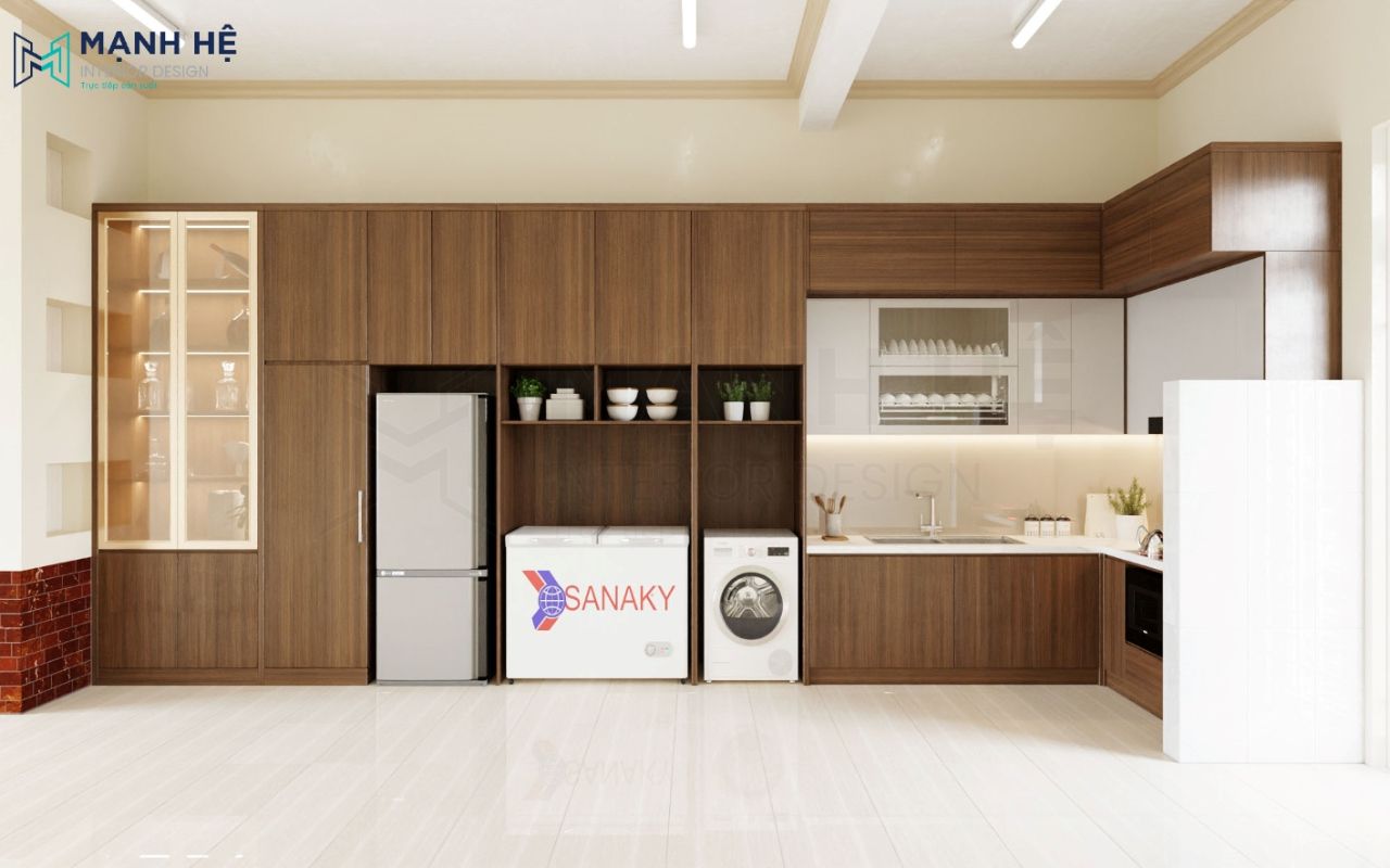 Hệ tủ bếp chữ L tích hợp tủ rượu tô điểm thêm cho không gian phòng bếp tối ưu không gian lưu trữ cho gia chủ