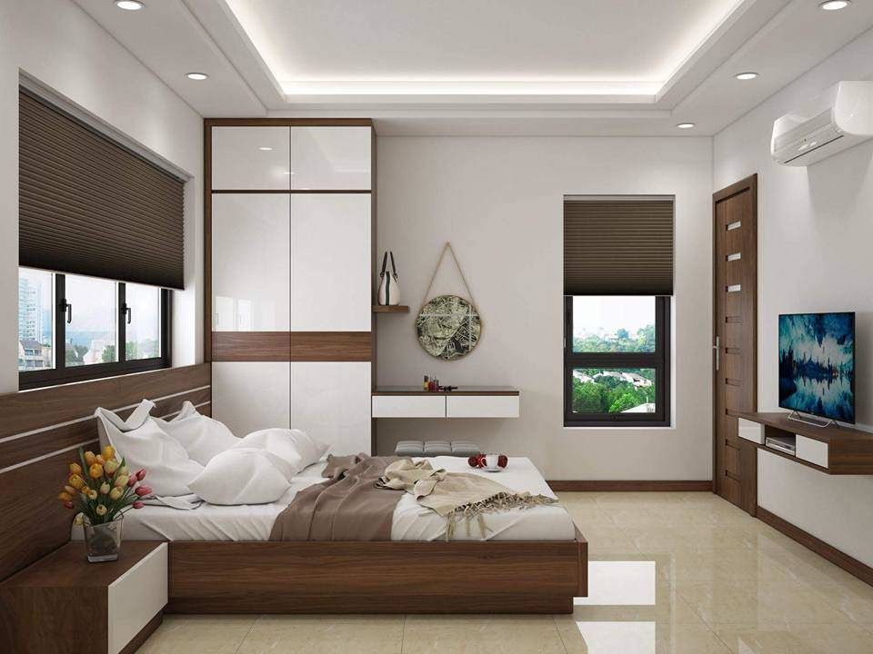 Tủ quần áo kịch trần tone trắng-nâu hài hòa với phong cách trang trí của phòng