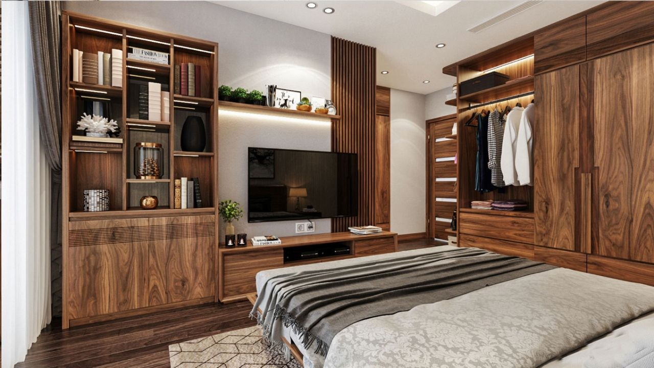 Bộ nội thất đồng chất liệu gồm tủ treo quần áo, kệ trang trí, kệ tivi cực kỳ đẳng cấp