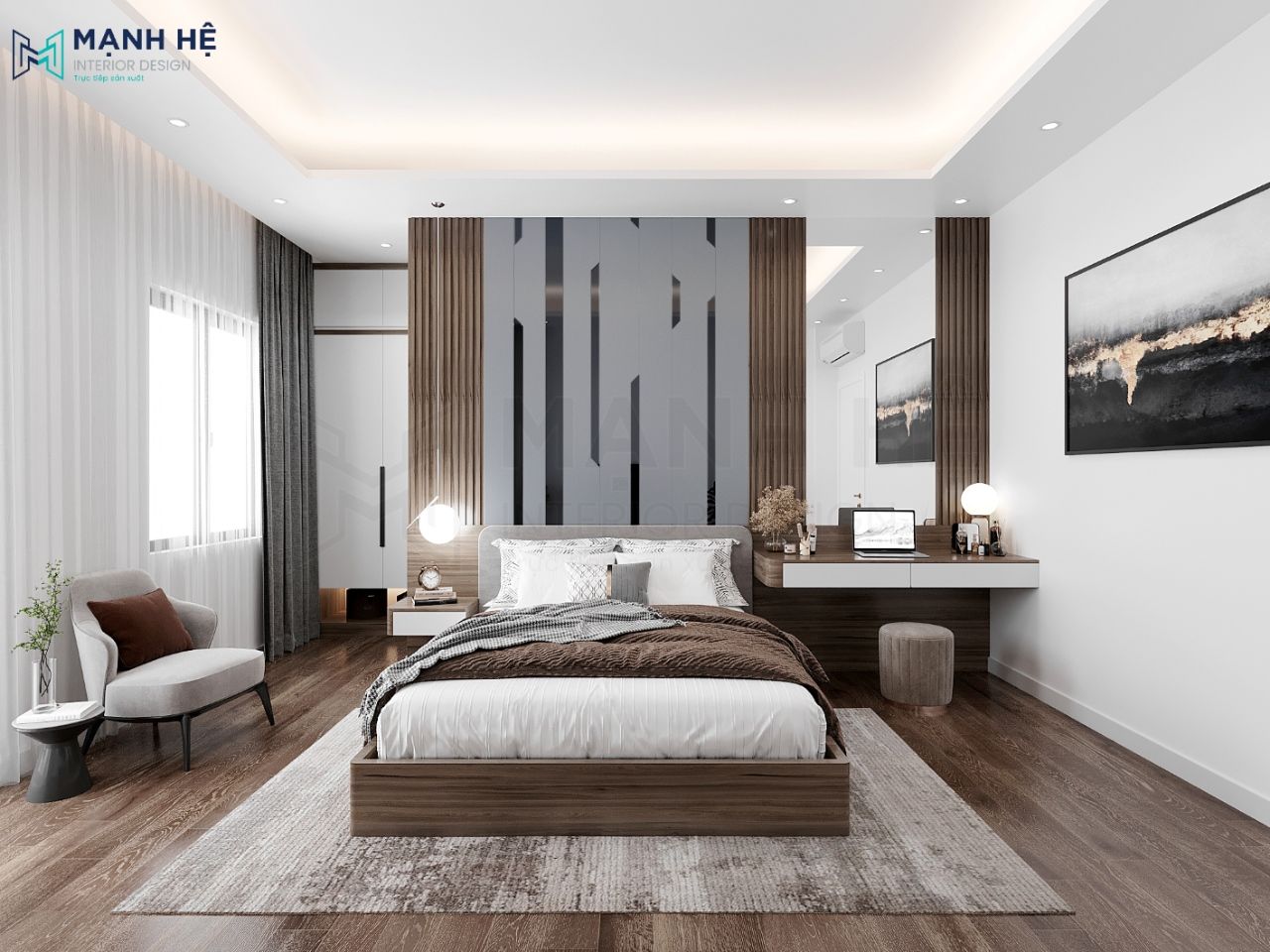 Vách đầu giường được ốp PVC cách điệu hiện đại kết hợp với các thanh lam gỗ 2 bên tạo tăng sự hài hòa