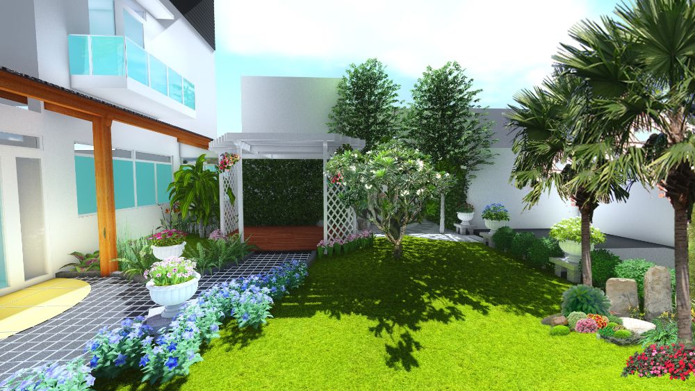 Kết nối giữa hiên nhà và sân vườn bằng vườn cây xanh và hoa bắt mắt đủ màu sắc