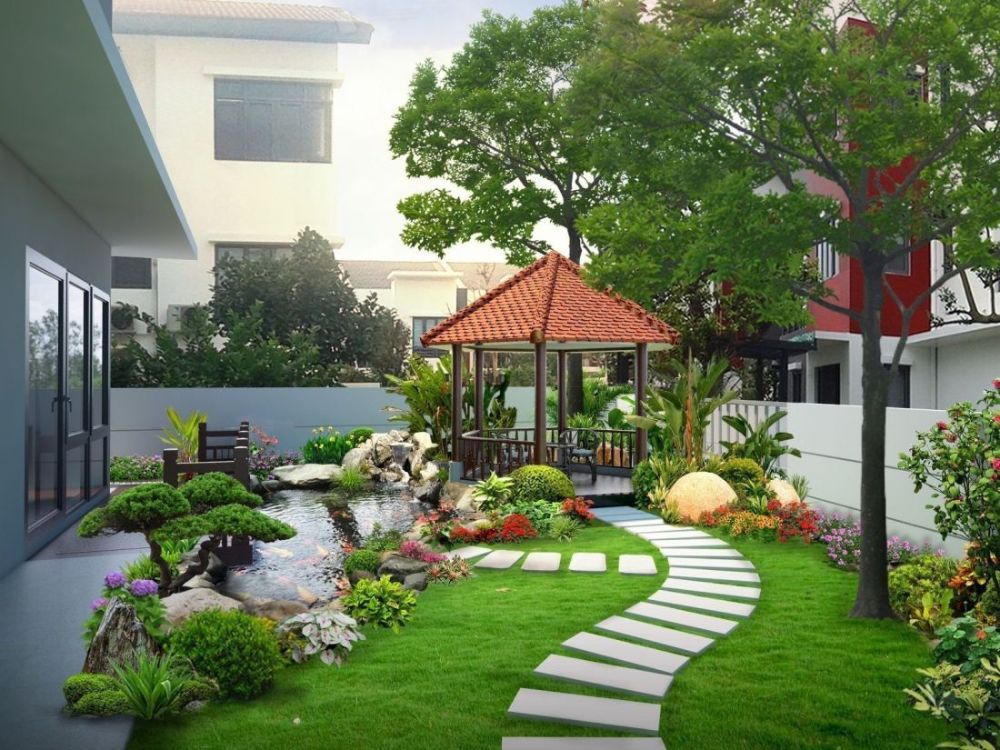 Thiết kế lối đi bằng bê tông sạch sẽ giữa nền cỏ xanh tạo sự nổi bật cho sân vườn