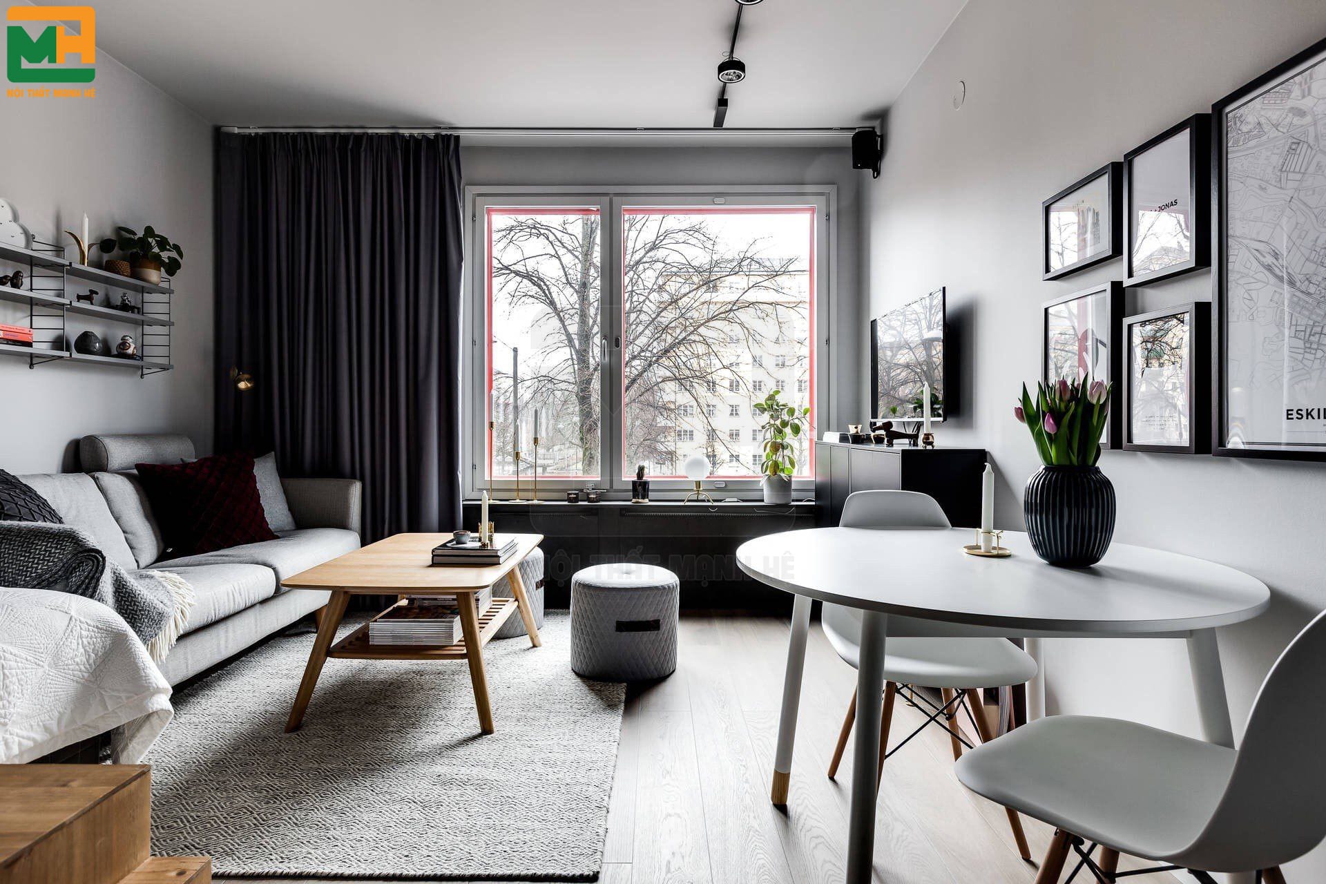 phòng khách được bố trí rộng rãi, thoáng đãng và tiện nghi