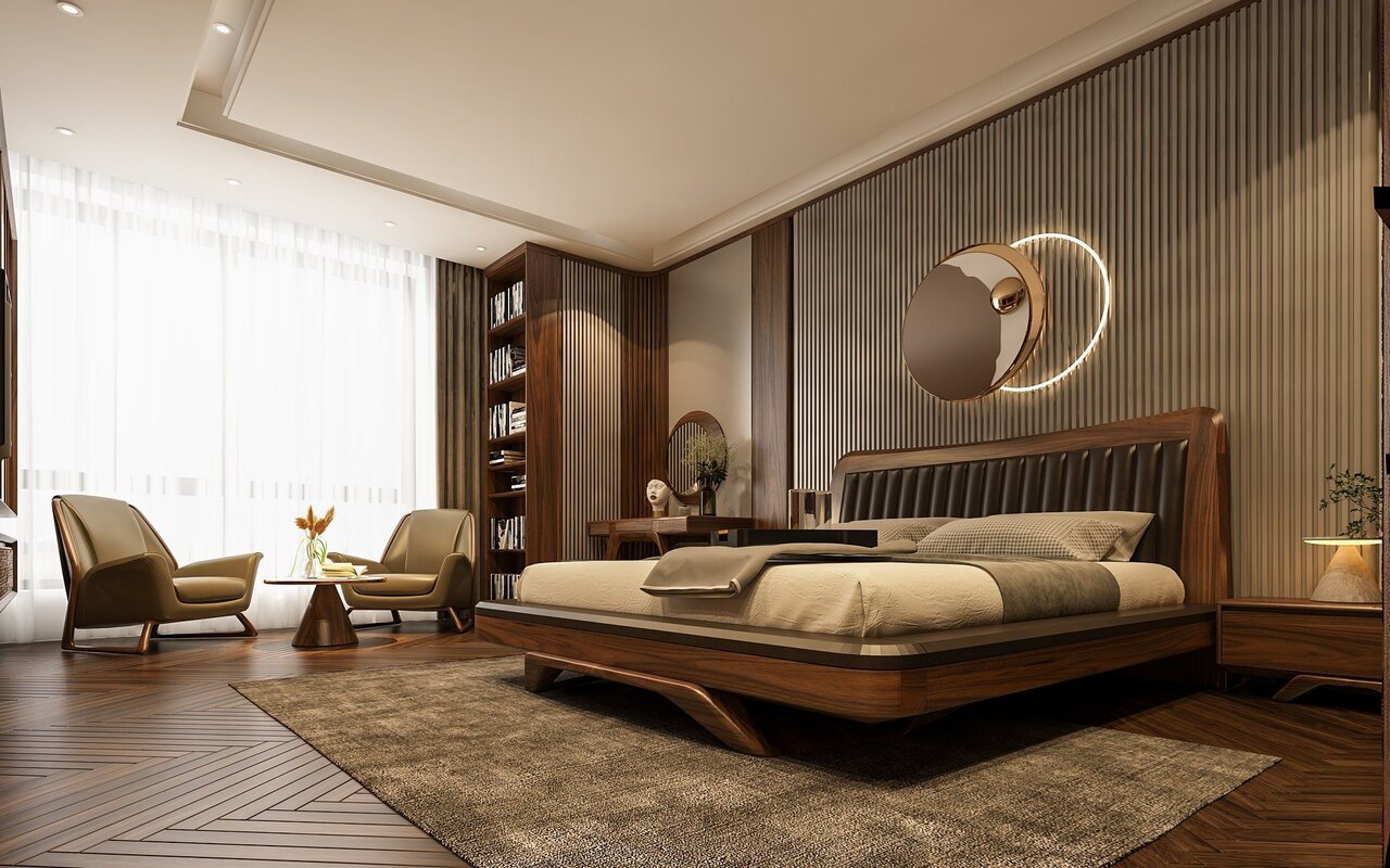 Thiết kế giường gỗ óc chó phong cách hiện đại tinh tế