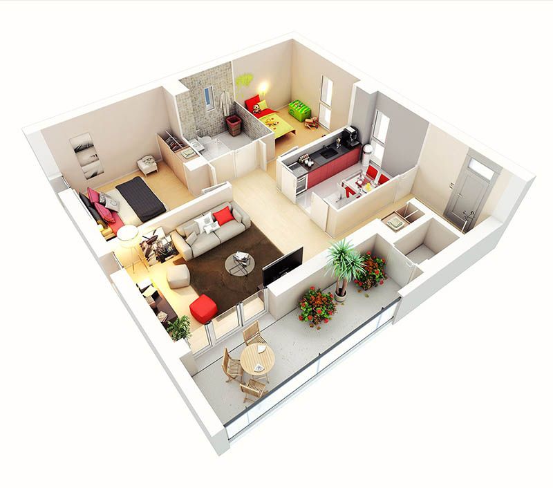 Bản vẽ thiết kế căn hộ 1 phòng ngủ thành 2 phòng ngủ