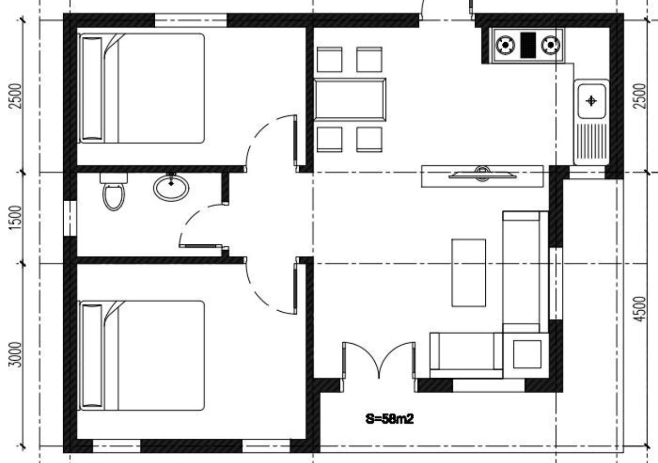 Thiết kế nhà cấp 4 có 2 phòng ngủ hình chữ L diện tích 100m2 BTNV153003