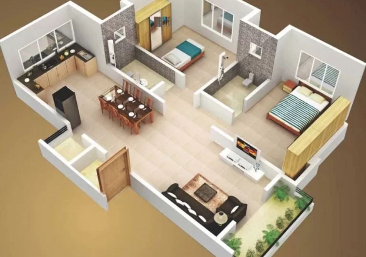 Phối cảnh nội thất 3D cho căn nhà cấp 4 với 2 phòng ngủ 70m2