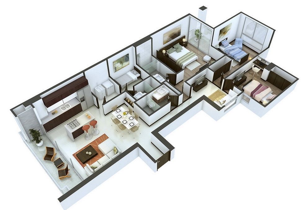 Thiết kế căn hộ 4 phòng ngủ diện tích nhỏ với phòng khách liền bếp