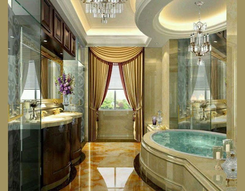 Mẫu thiết kế phòng tắm biệt thự phong cách cổ điển với các chất liệu cao cấp như đá hoa cương, gỗ, đèn chùm pha lê giúp không gian được bóng loáng tỏa sáng