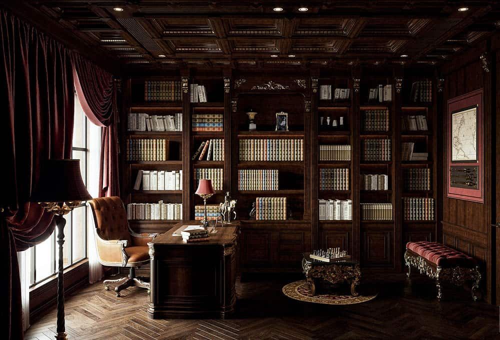 Phòng làm việc phong cách cổ điển nổi bật với sách lớn đồ sộ
