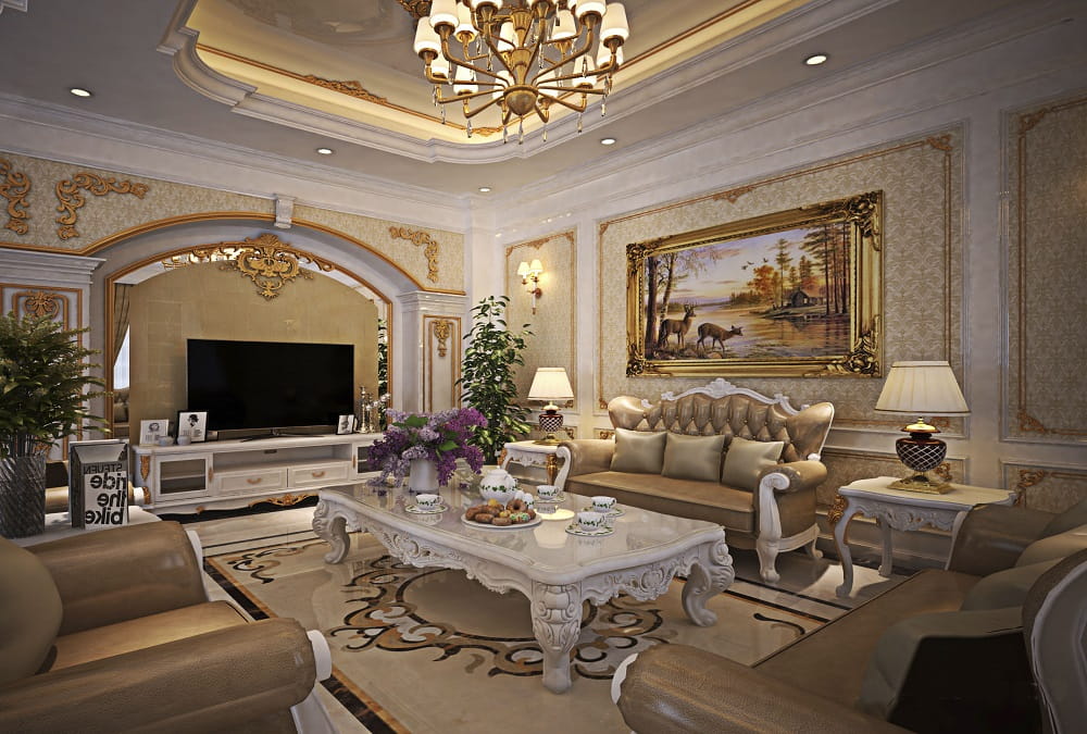Thiết kế nội thất phòng khách biệt thự sang trọng với những đường nét uốn lượn mềm mại của bộ bàn trà, ghế sofa, kệ tivi. Thảm lót sàn với họa tiết đối xứng cầu kỳ giúp nâng tầm đẳng cấp cho không gian
