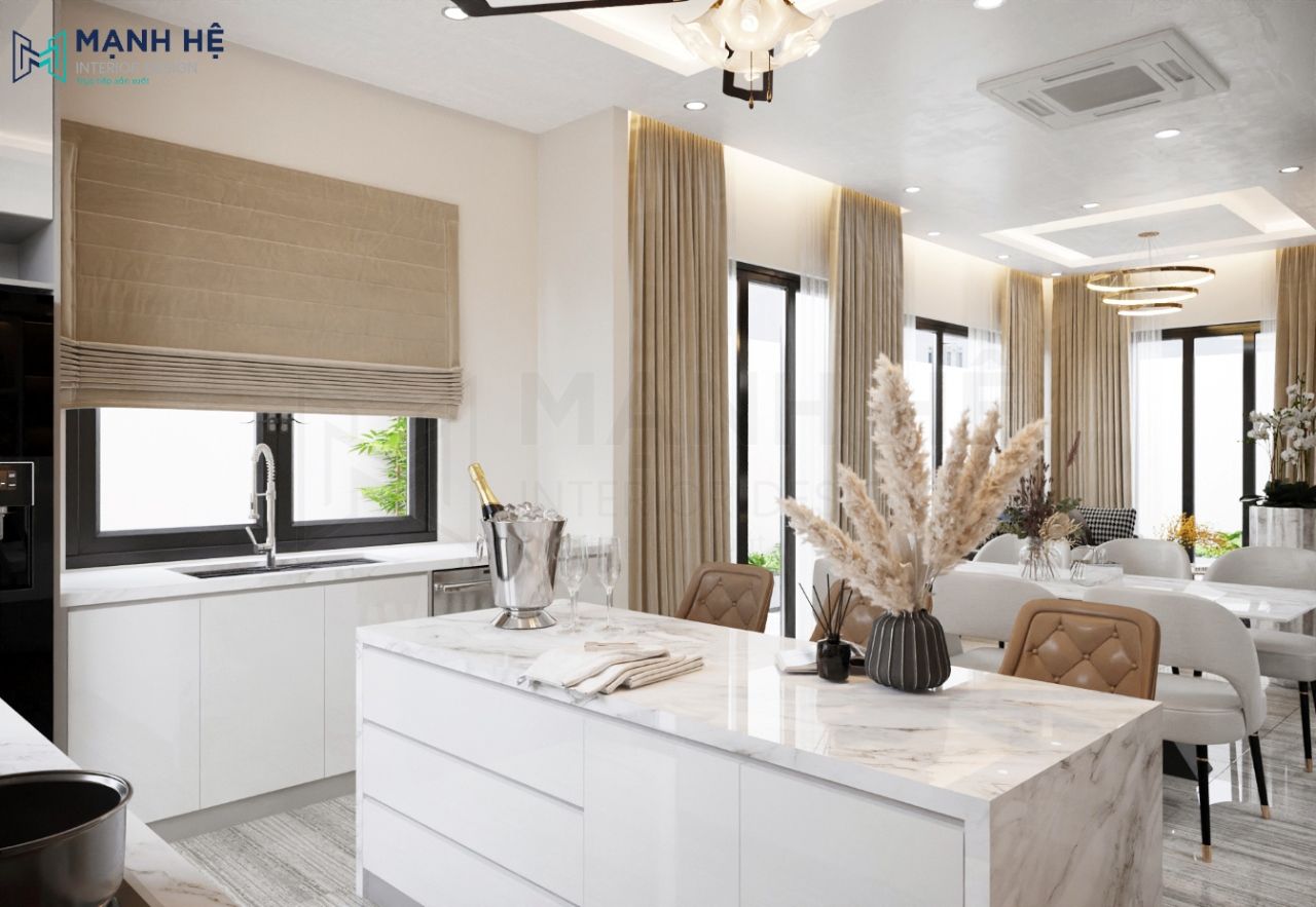 Nội thất phòng khách liền phòng bếp hiện đại cho nhà cấp 4 sang trọng