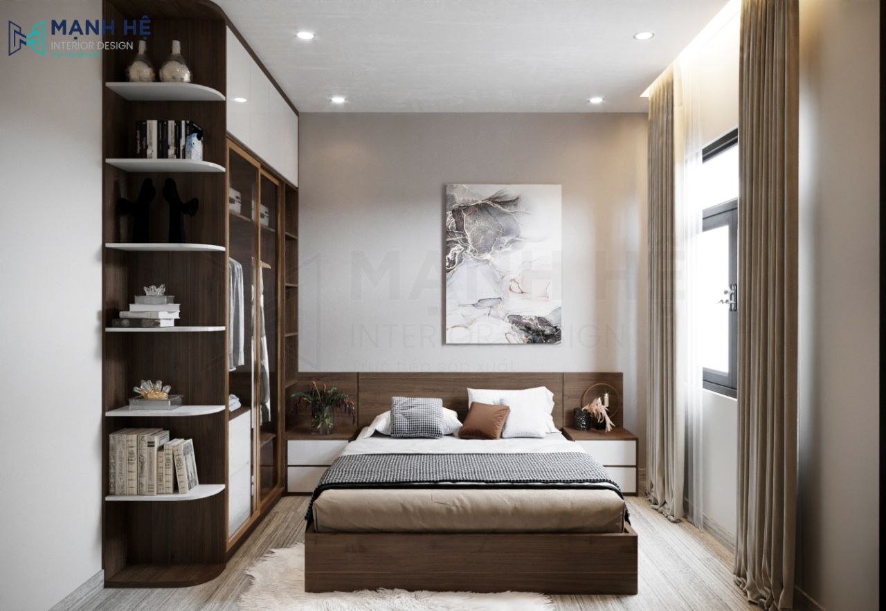 Tổng quan phòng ngủ được thiết kế tông nâu trầm hiện đại, giản dị