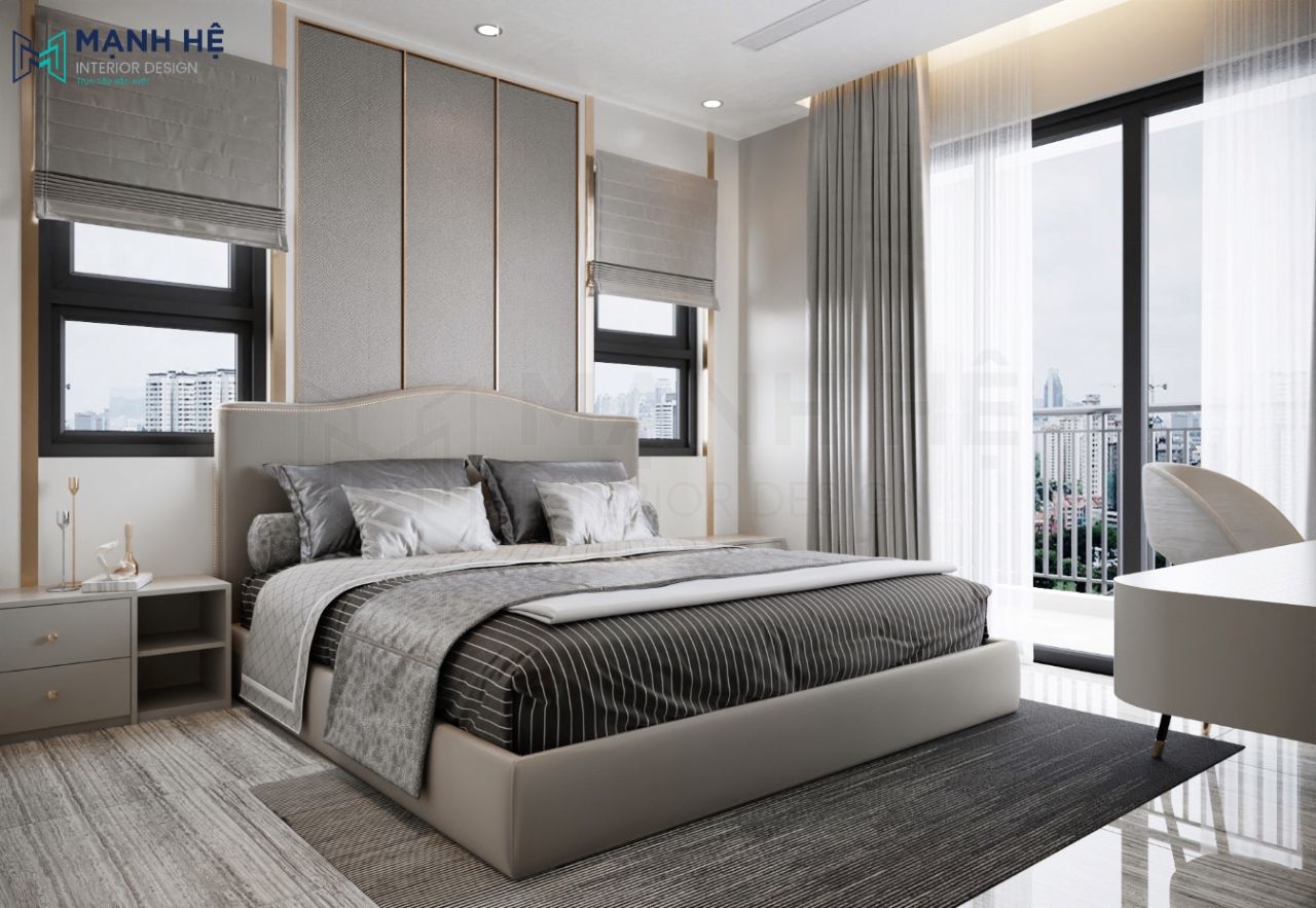 Phòng ngủ được thiết kế tông màu xám thanh lịch kết hợp với hệ rèm cửa 2 lớp tối ưu ánh sáng tự nhiên cho gian phòng ngủ