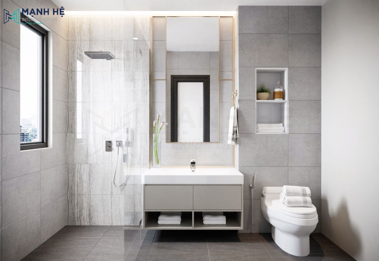Nhà vệ sinh được ốp gạch toàn bộ tăng sự sạch sẽ và giúp gia chủ dễ dàng vệ sinh hơn