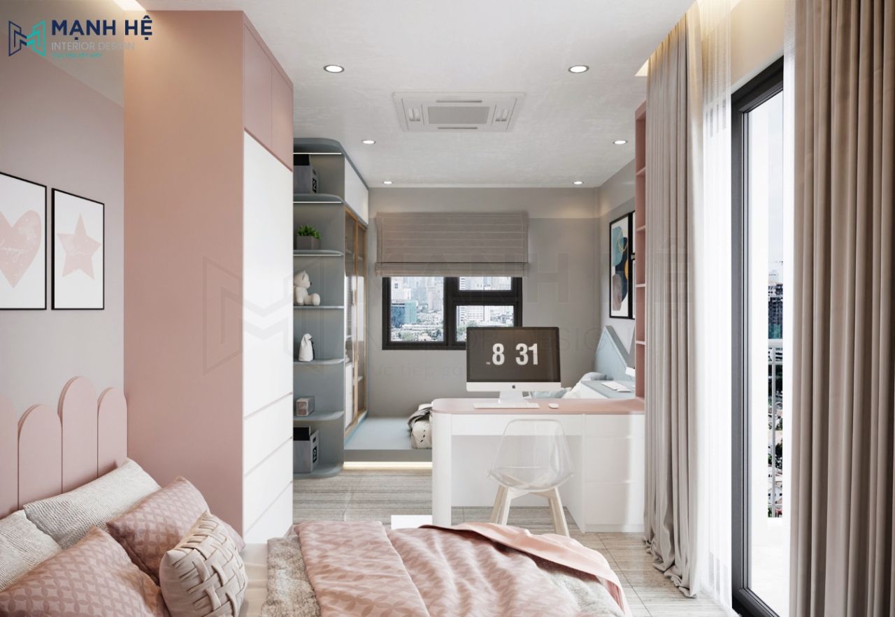 Phòng ngủ 2 bé được thiết kế với 2 tông màu đối lập nhau tạo không gian riêng tư   Tủ cao đụng trần thiết kế với 2 tông màu trắng hồng tăng sự tinh tế, nhẹ nhàng cho góc phòng của bé