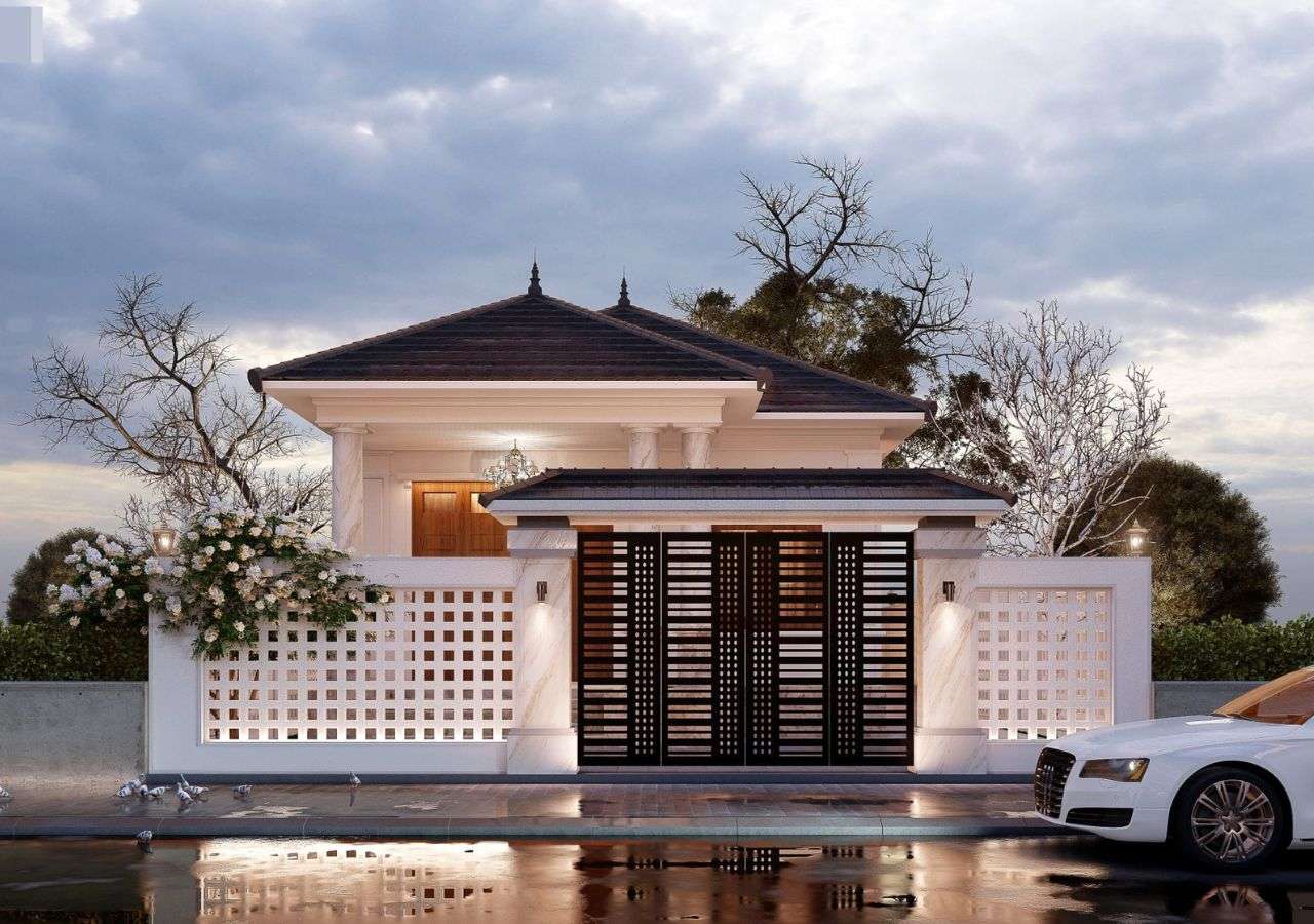 Thiết kế cổng với nhiều ô vuông độc đáo thu hút cho căn nhà cấp 4 mái Nhật thêm sang trọng