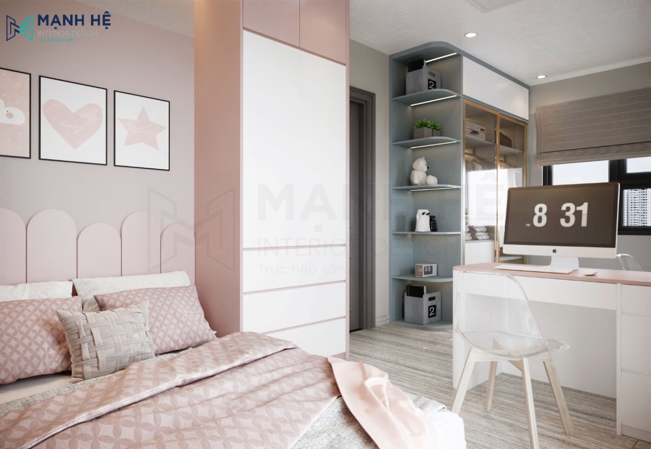 Tủ cao đụng trần thiết kế với 2 tông màu trắng hồng tăng sự tinh tế, nhẹ nhàng cho góc phòng của bé