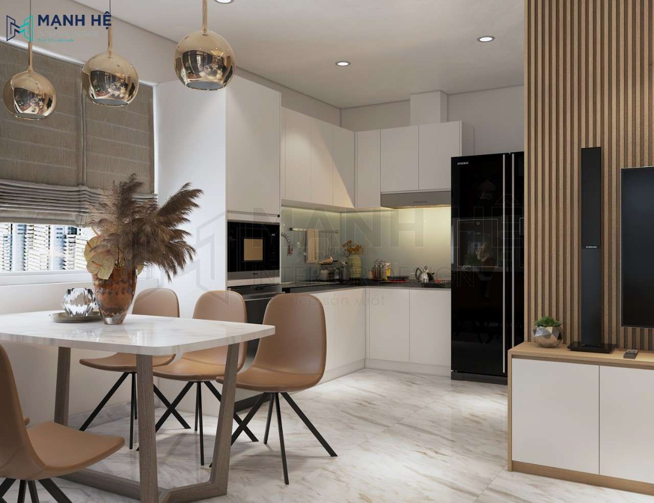 Không gian phòng bếp sử dụng tông trắng tích, tối ưu diện tích khi tích hợp thiết bị bếp âm tủ