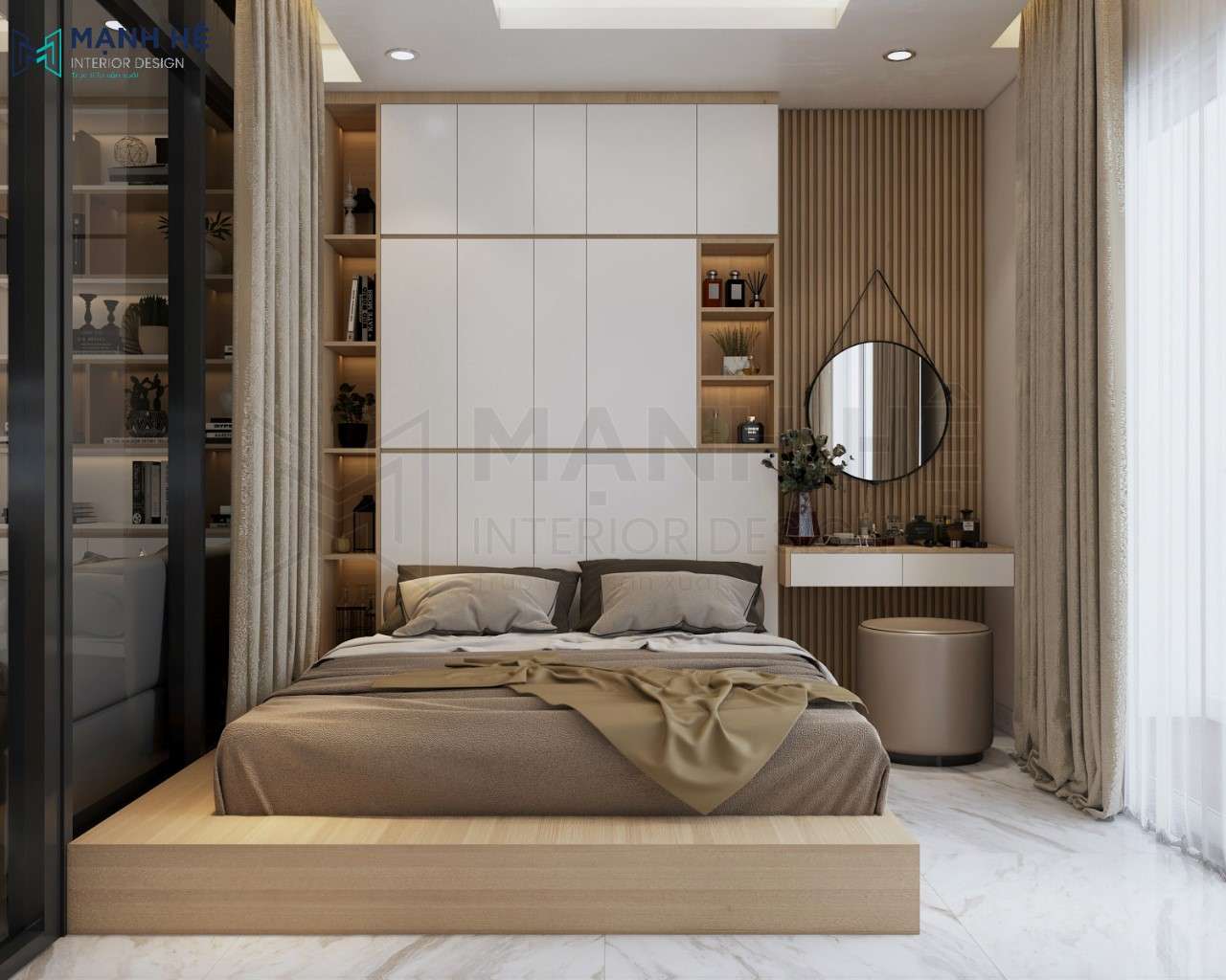 Thiết kế phòng ngủ với giường ngủ dạng bục tích hợp ngăn kéo âm giường tiết kiệm diện tích