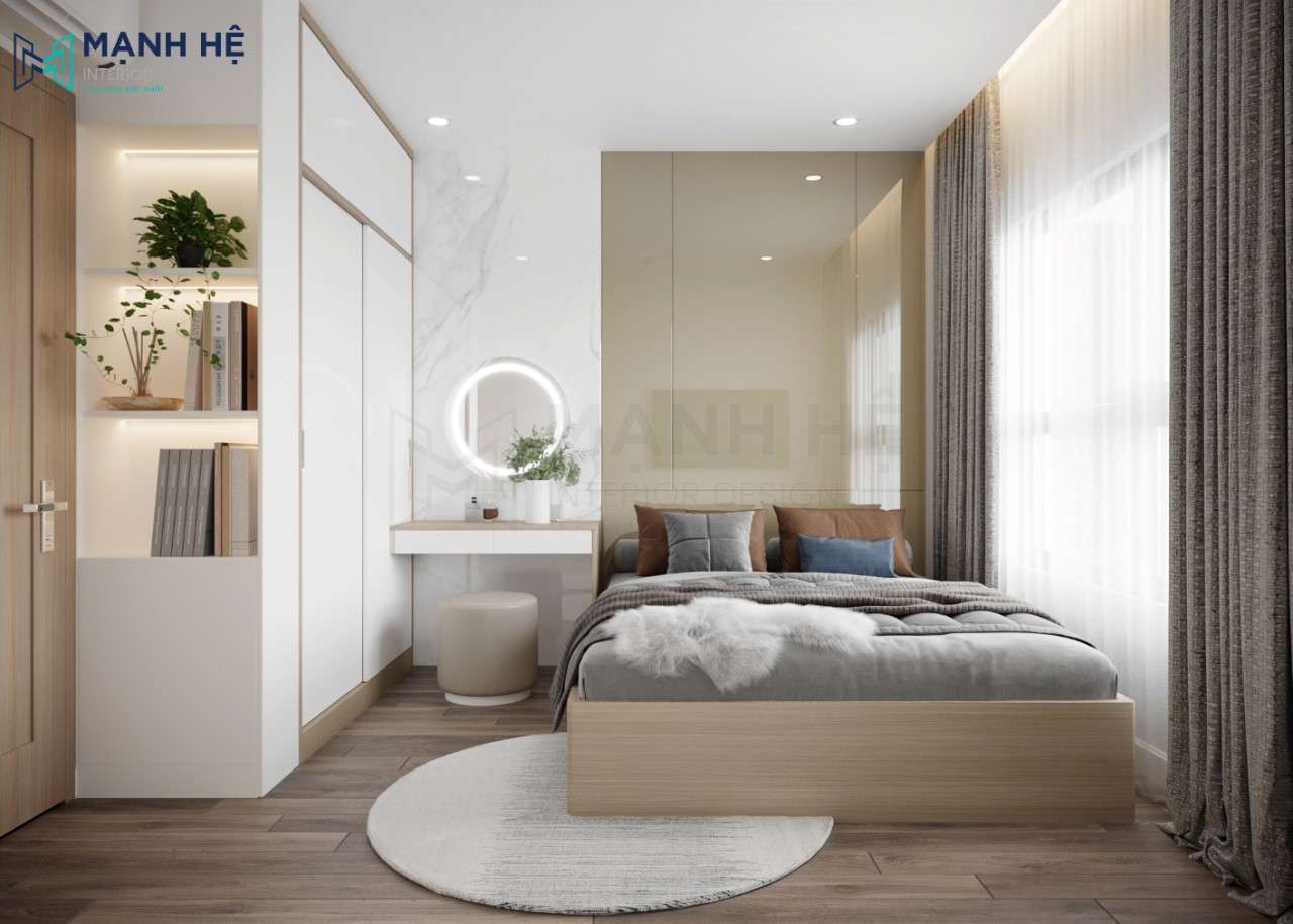 Tổng thể không gian phòng ngủ hiện đại với tông màu trắng ốp gỗ công nghiệp tạo điểm nhấn