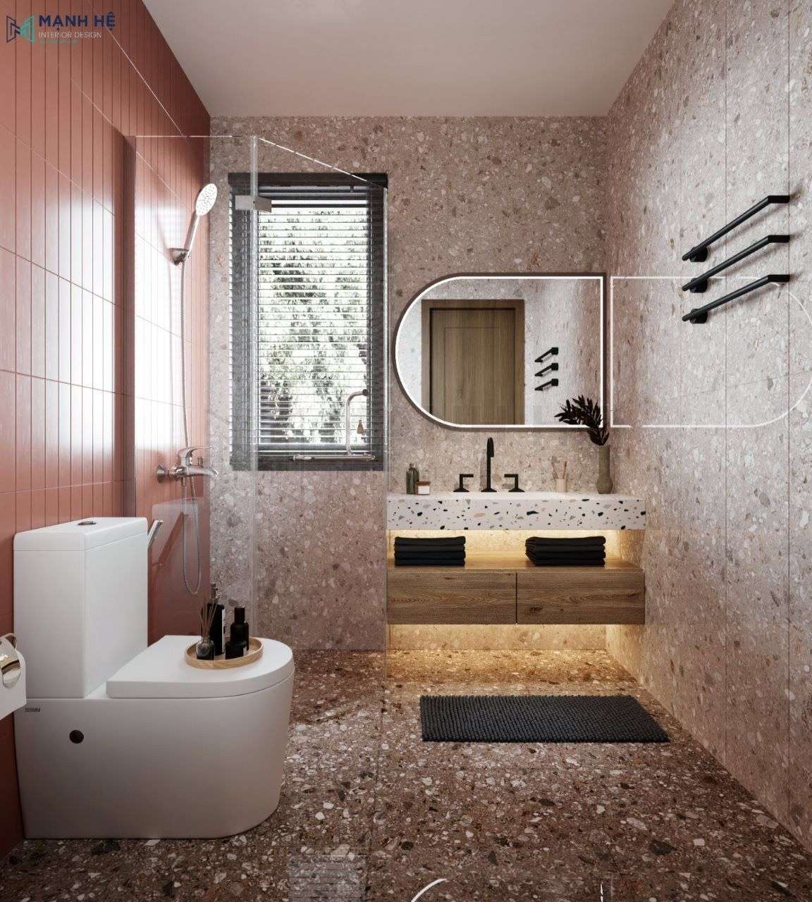 Thiết kế tủ lavabo bằng gỗ công nghiệp giúp phòng tắm căn hộ nhỏ trở nên gọn gàng, đẹp mắt